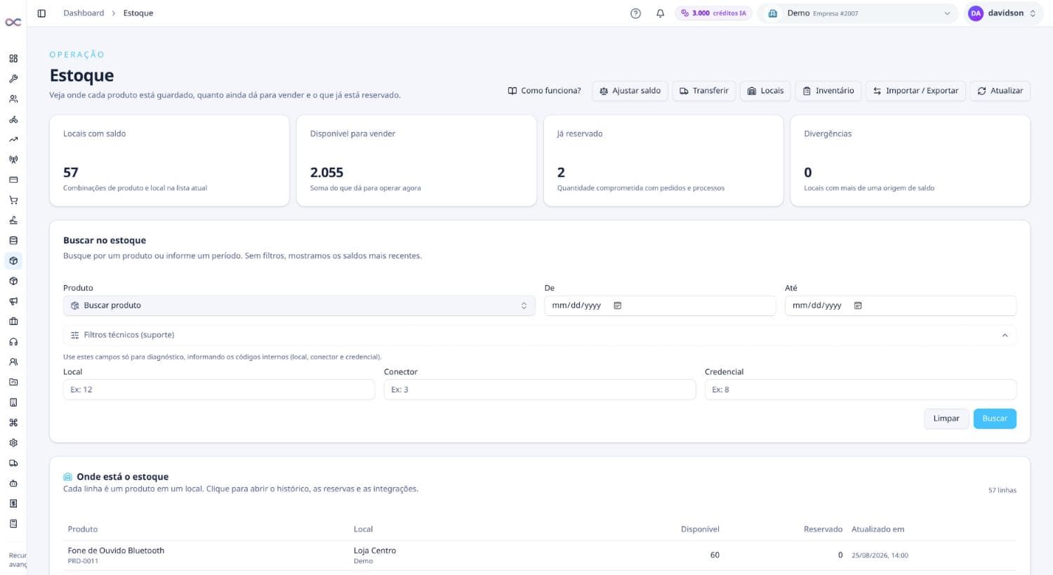 Saldos por produto e local, com disponível e reservado