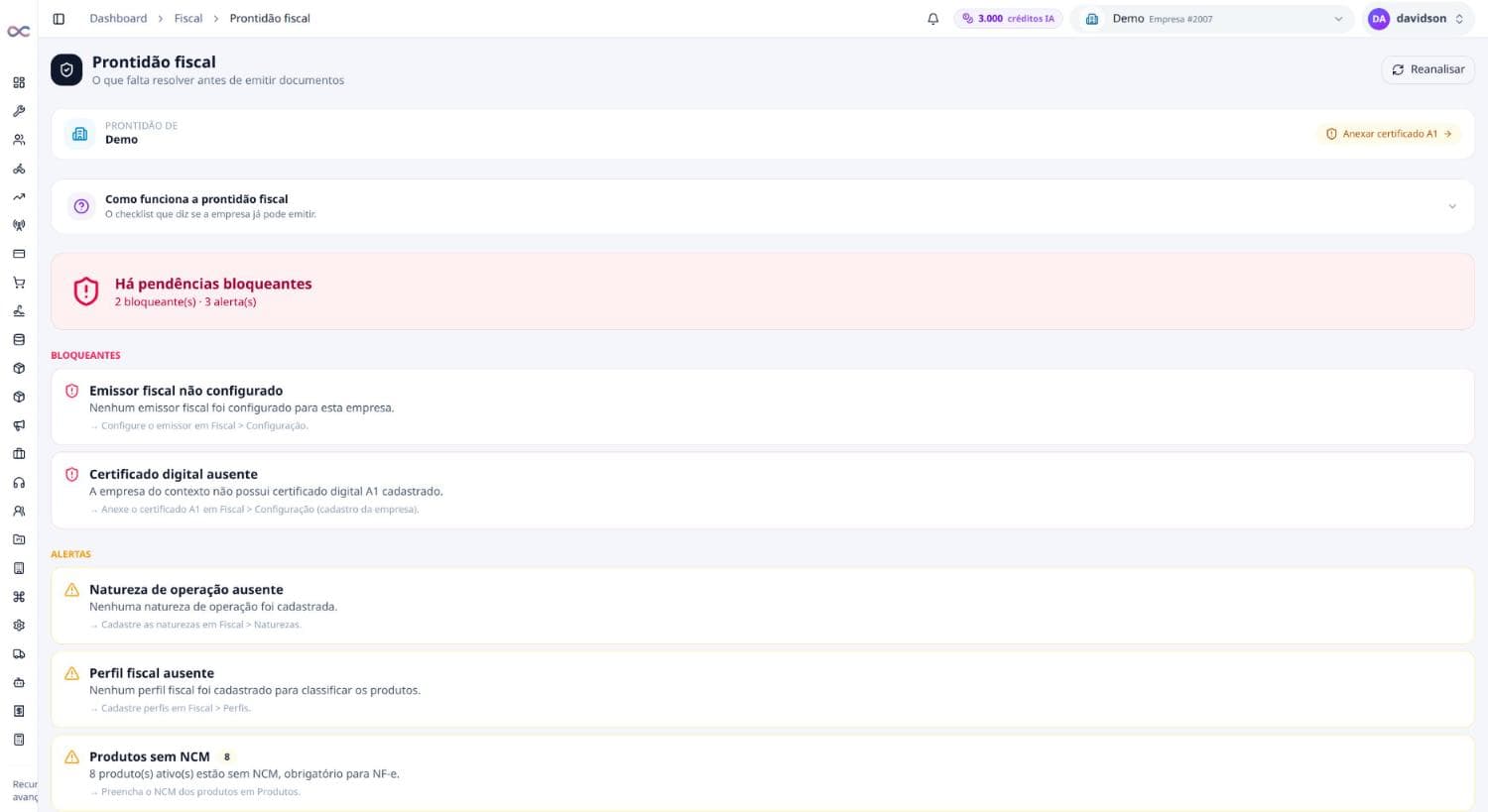 Checklist de prontidão fiscal com bloqueantes e alertas