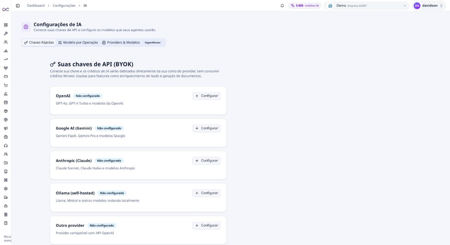 Chaves de API por provider — OpenAI, Gemini, Anthropic e Ollama
