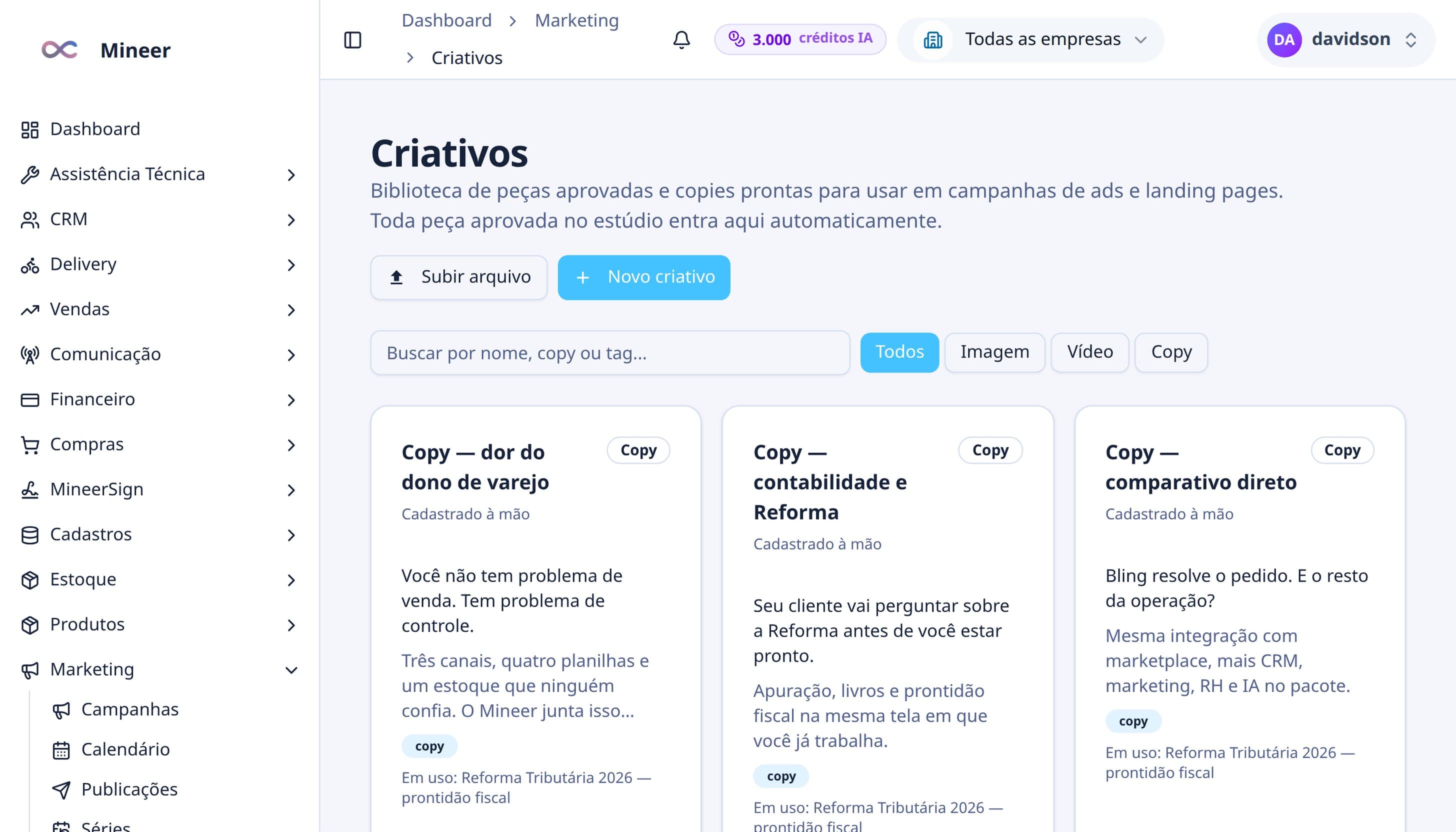 Anexe o criativo aprovado