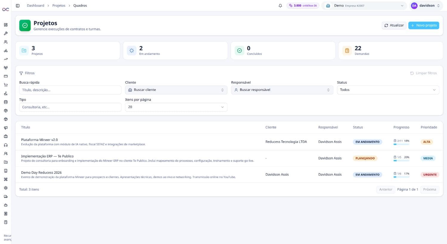 Lista de projetos com cliente, responsável e status