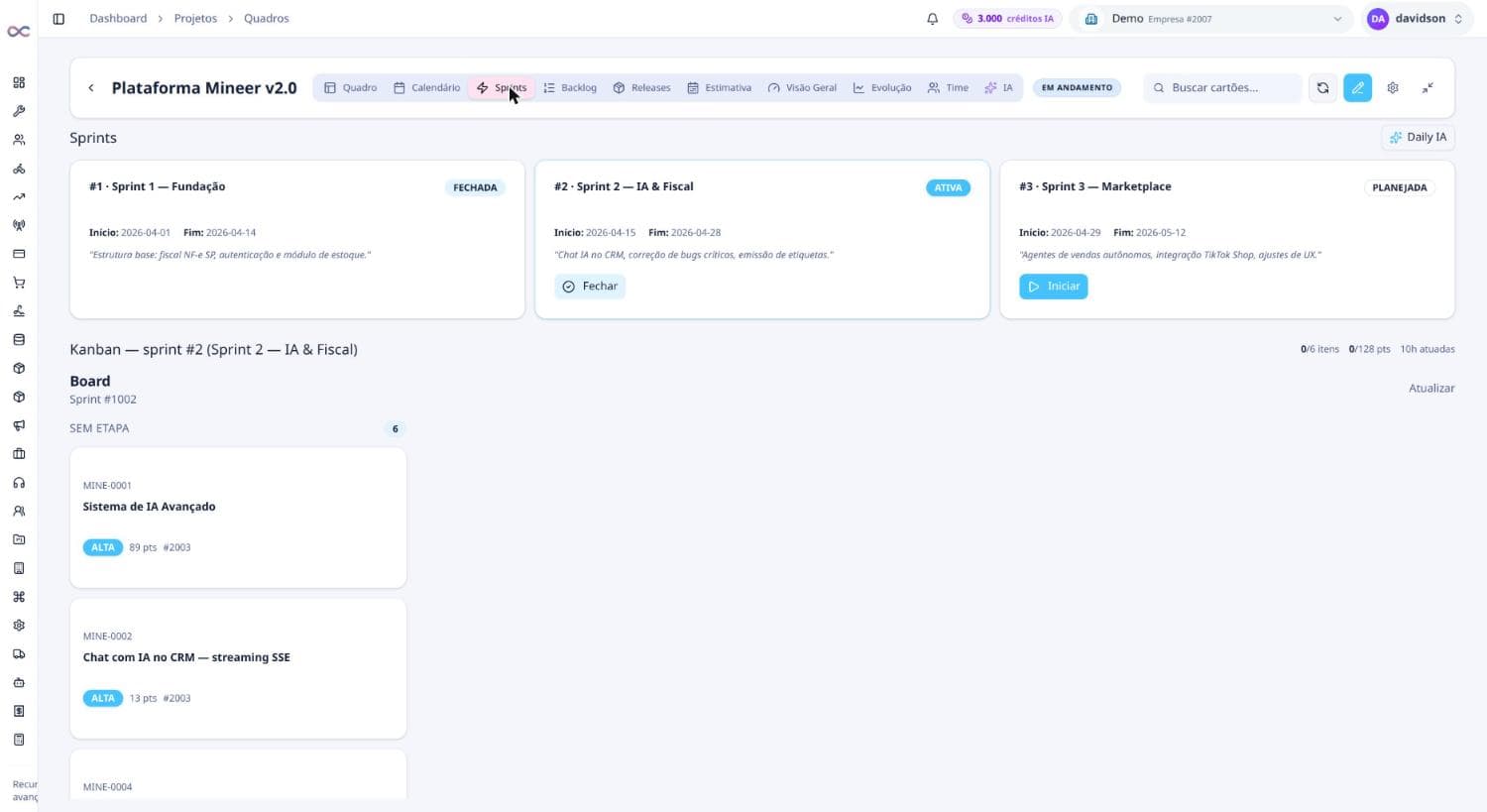 Sprints fechada, ativa e planejada com o kanban da sprint corrente