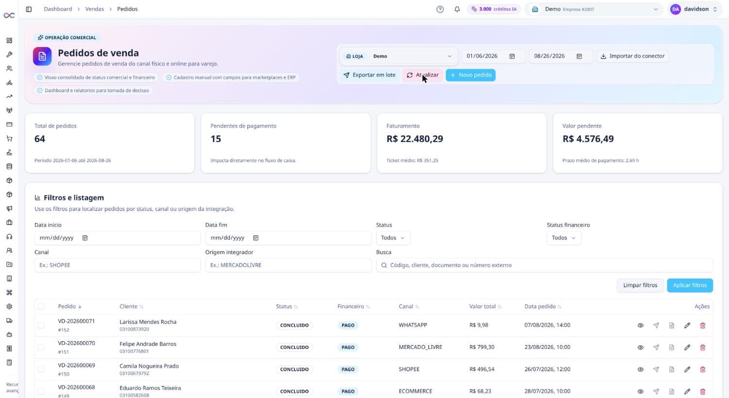 Pedidos de venda com canal, status financeiro e valor