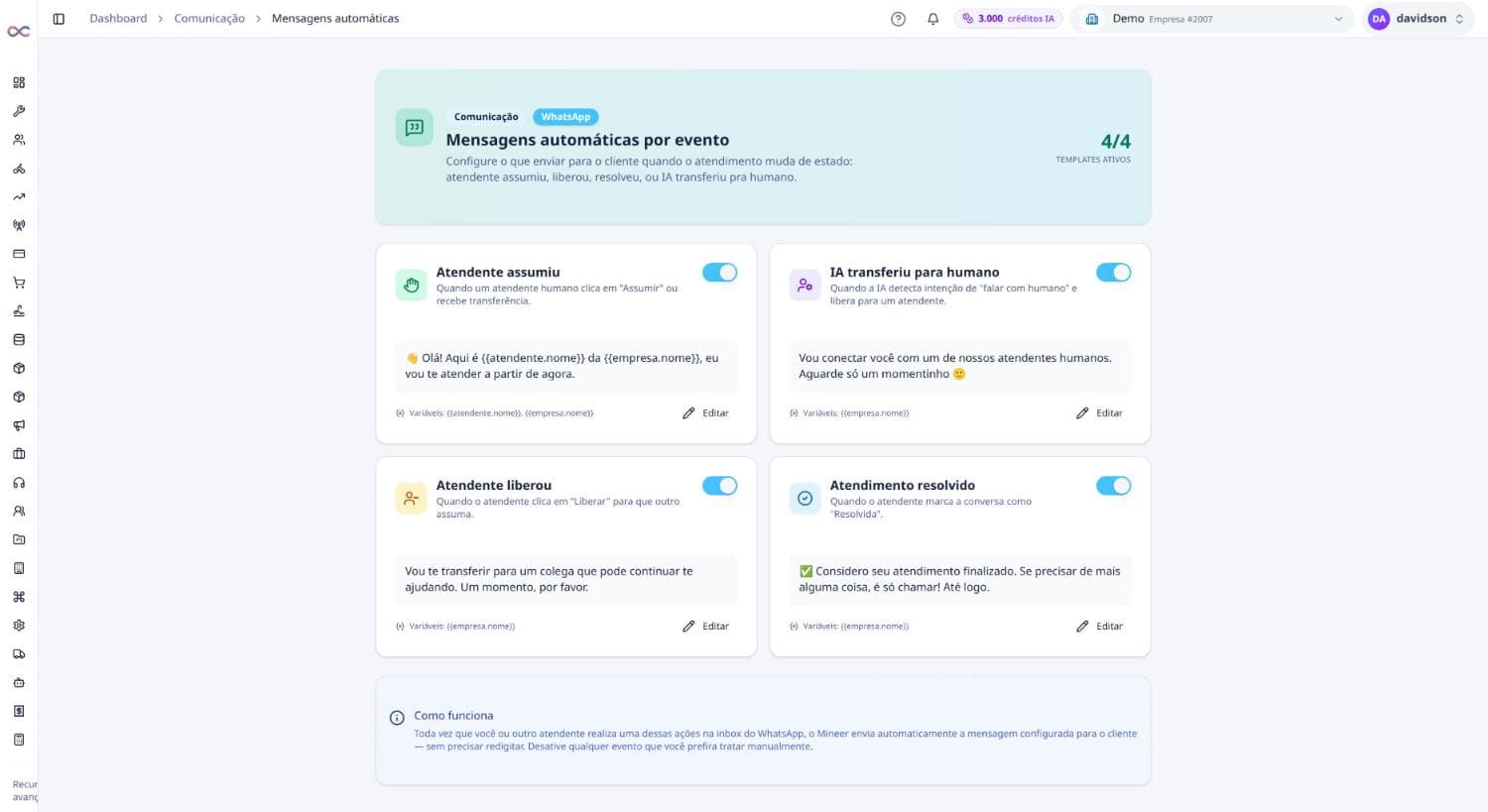 Mensagens automáticas por evento do atendimento