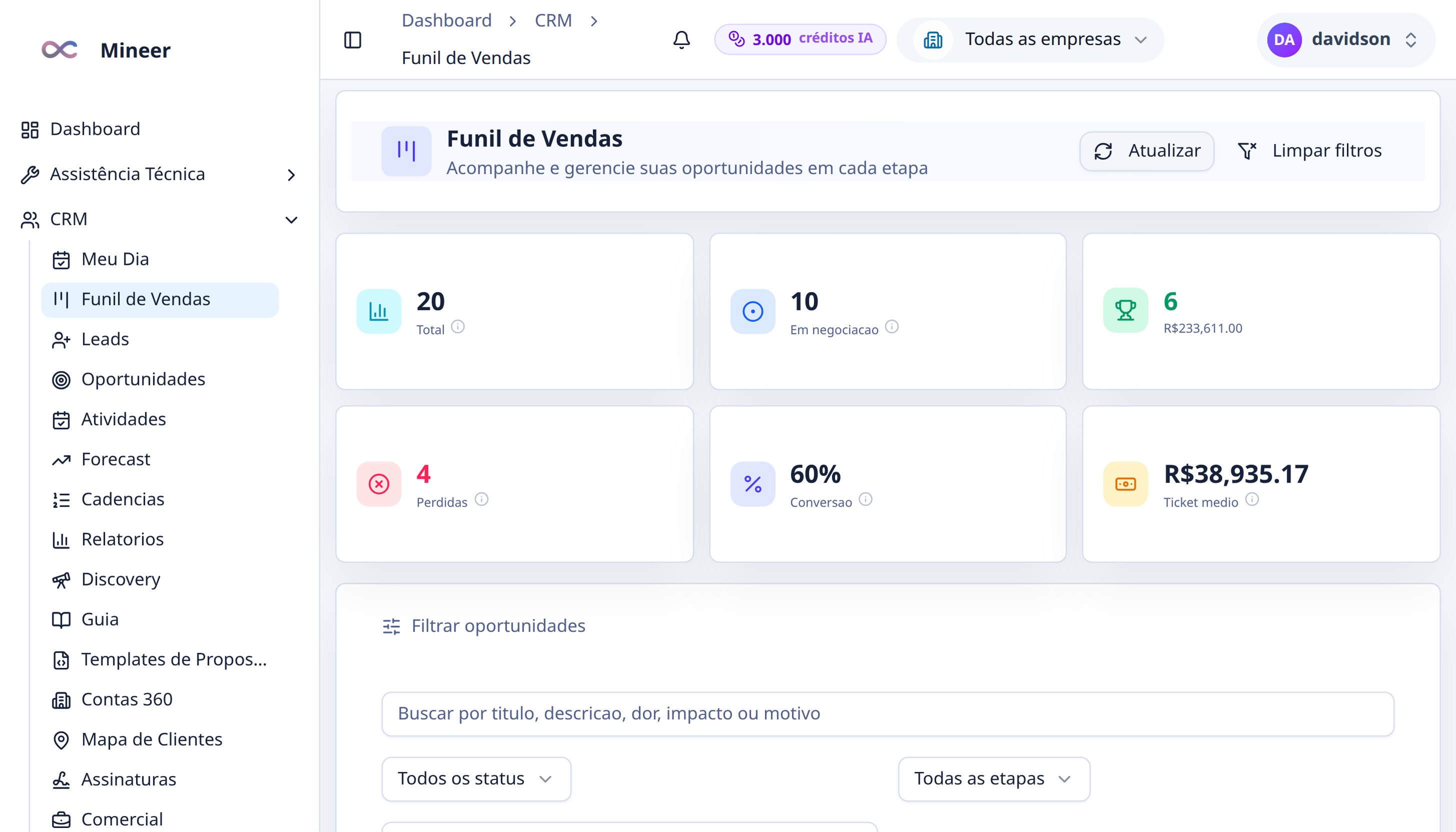Funil de vendas em kanban com oportunidades por etapa