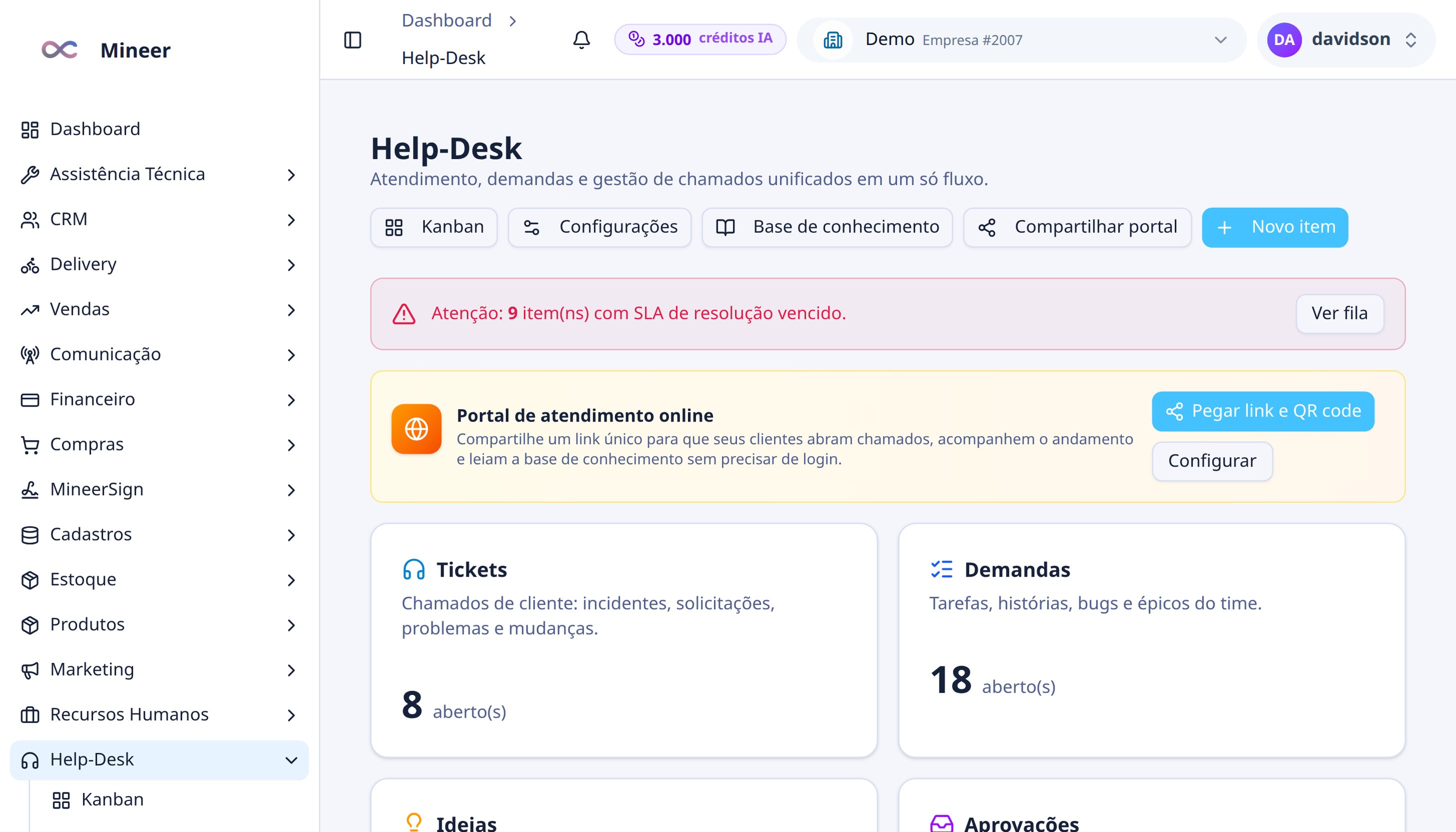 Visão do Service Desk com o alerta de SLA