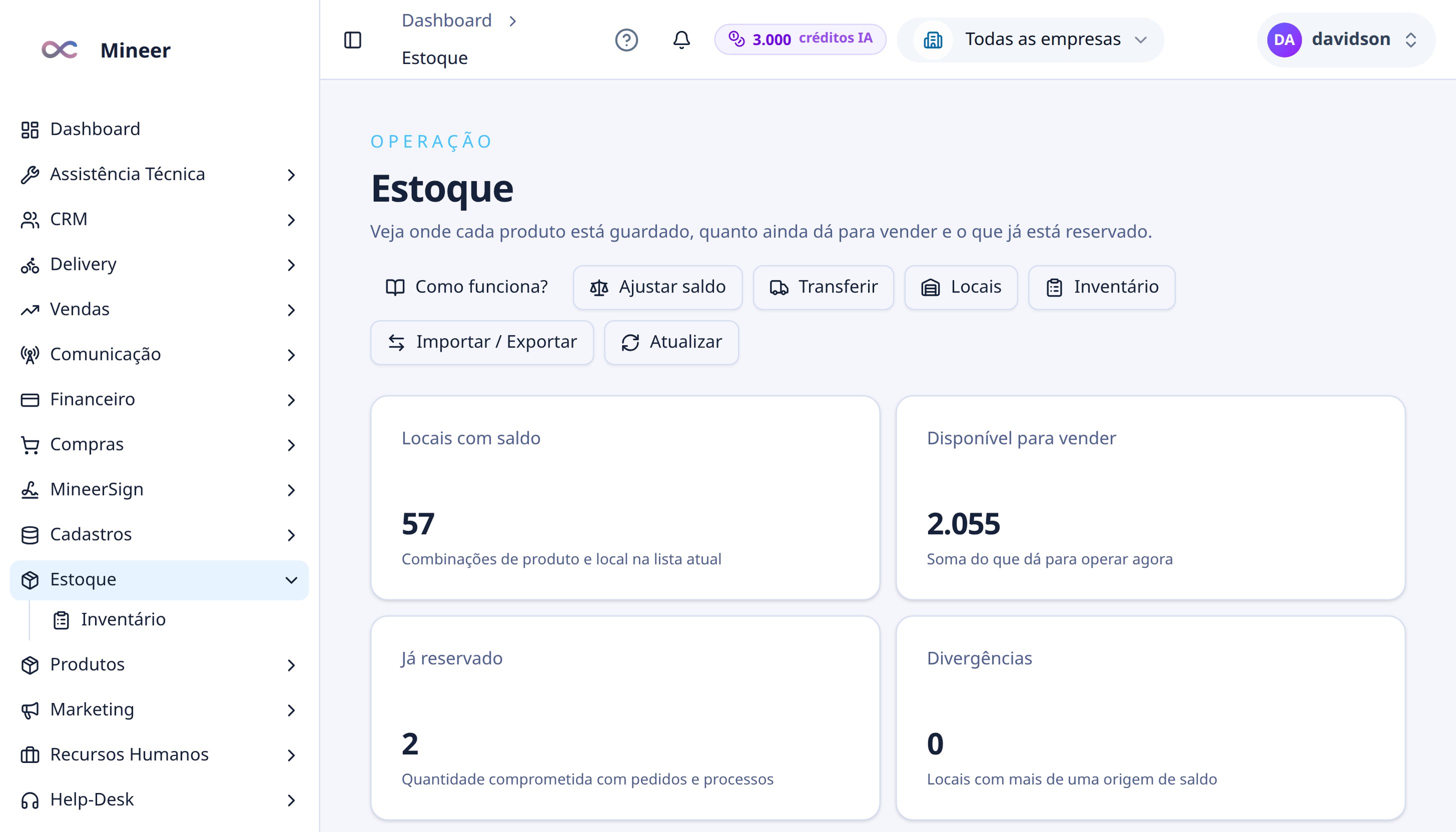 Saldos de estoque por produto e local, com disponível e reservado