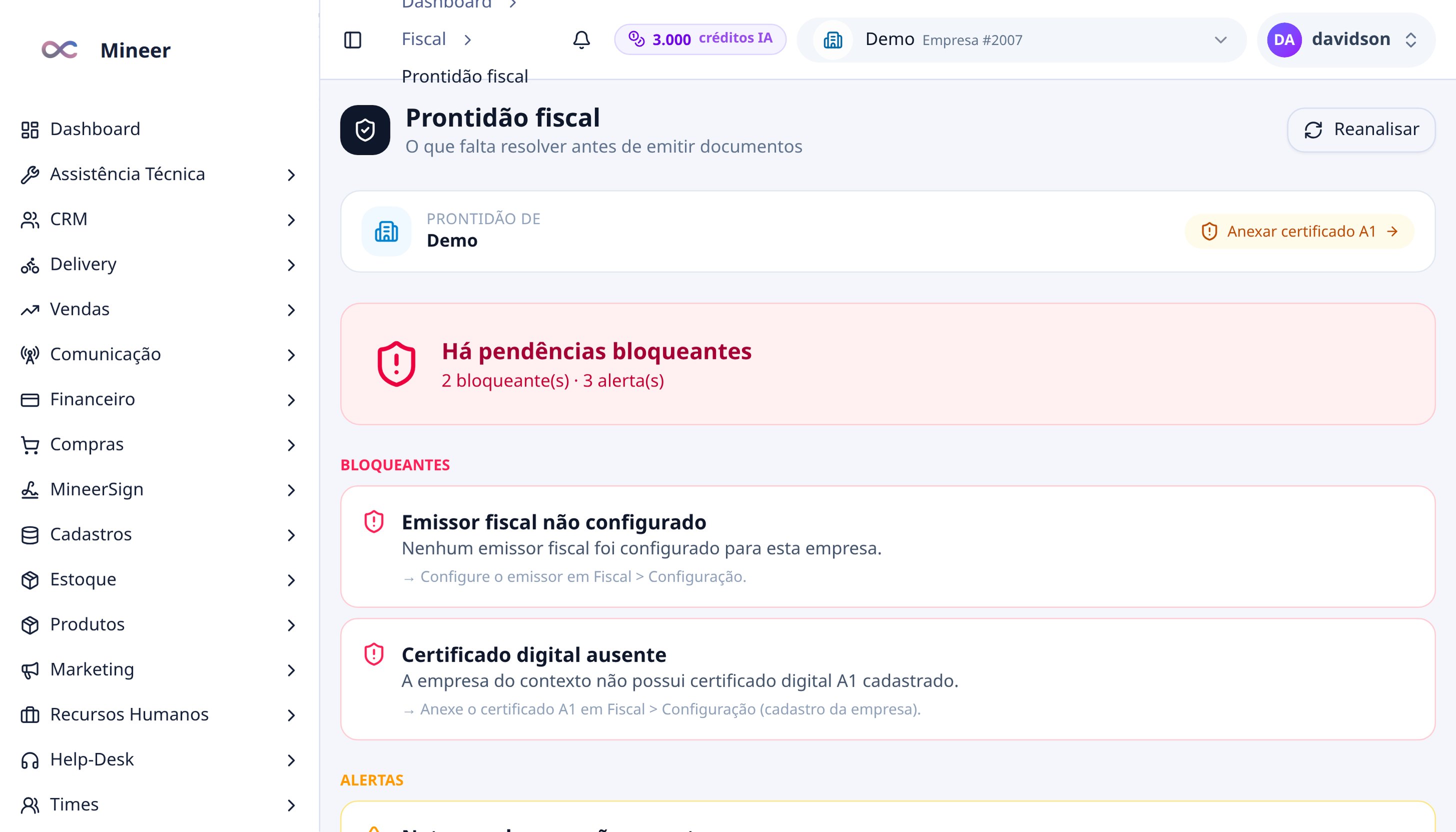 Painel de prontidão fiscal com pendências de cadastro por produto