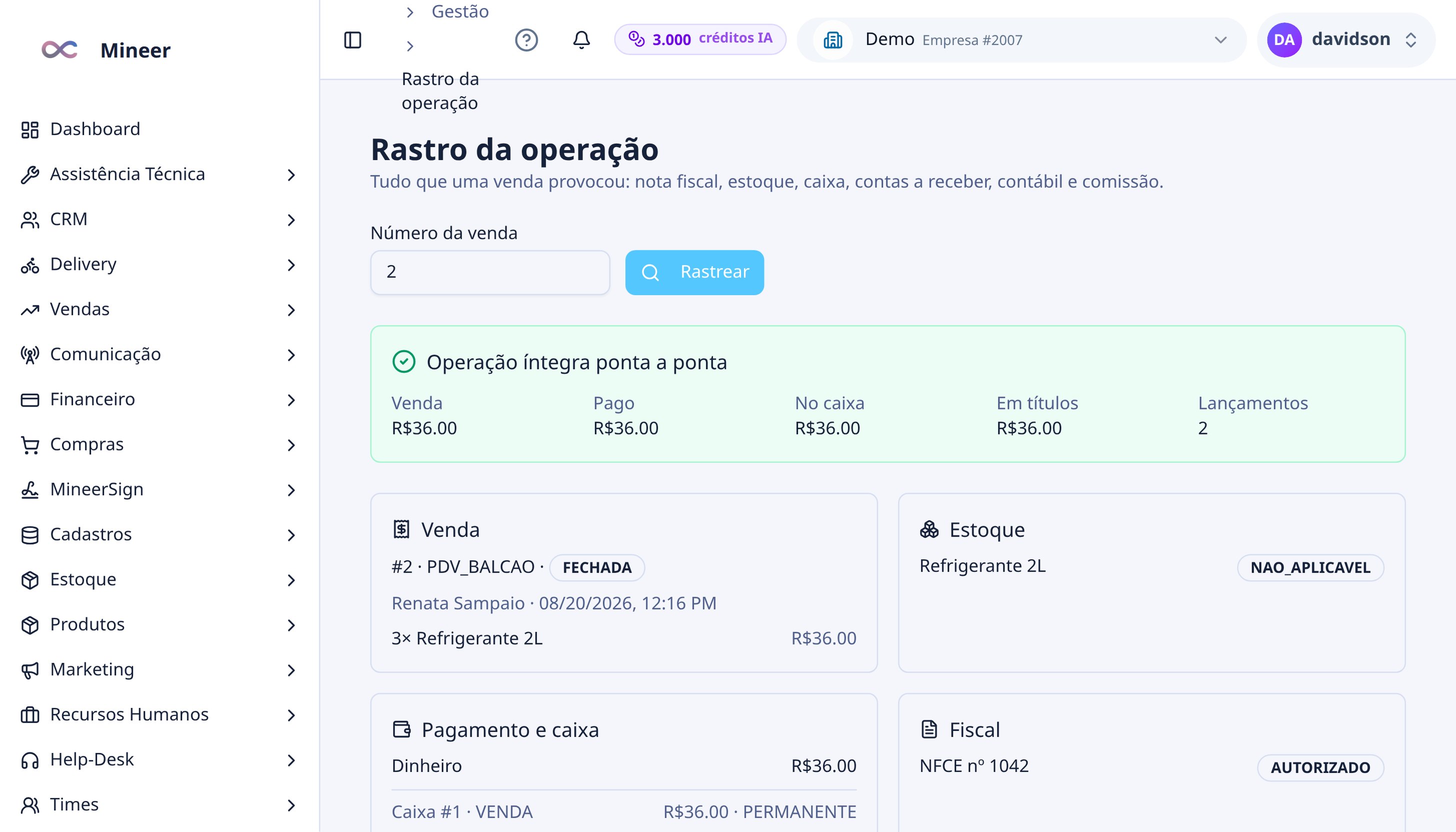 Rastro de uma venda passando por vendas, estoque, financeiro, fiscal e contábil