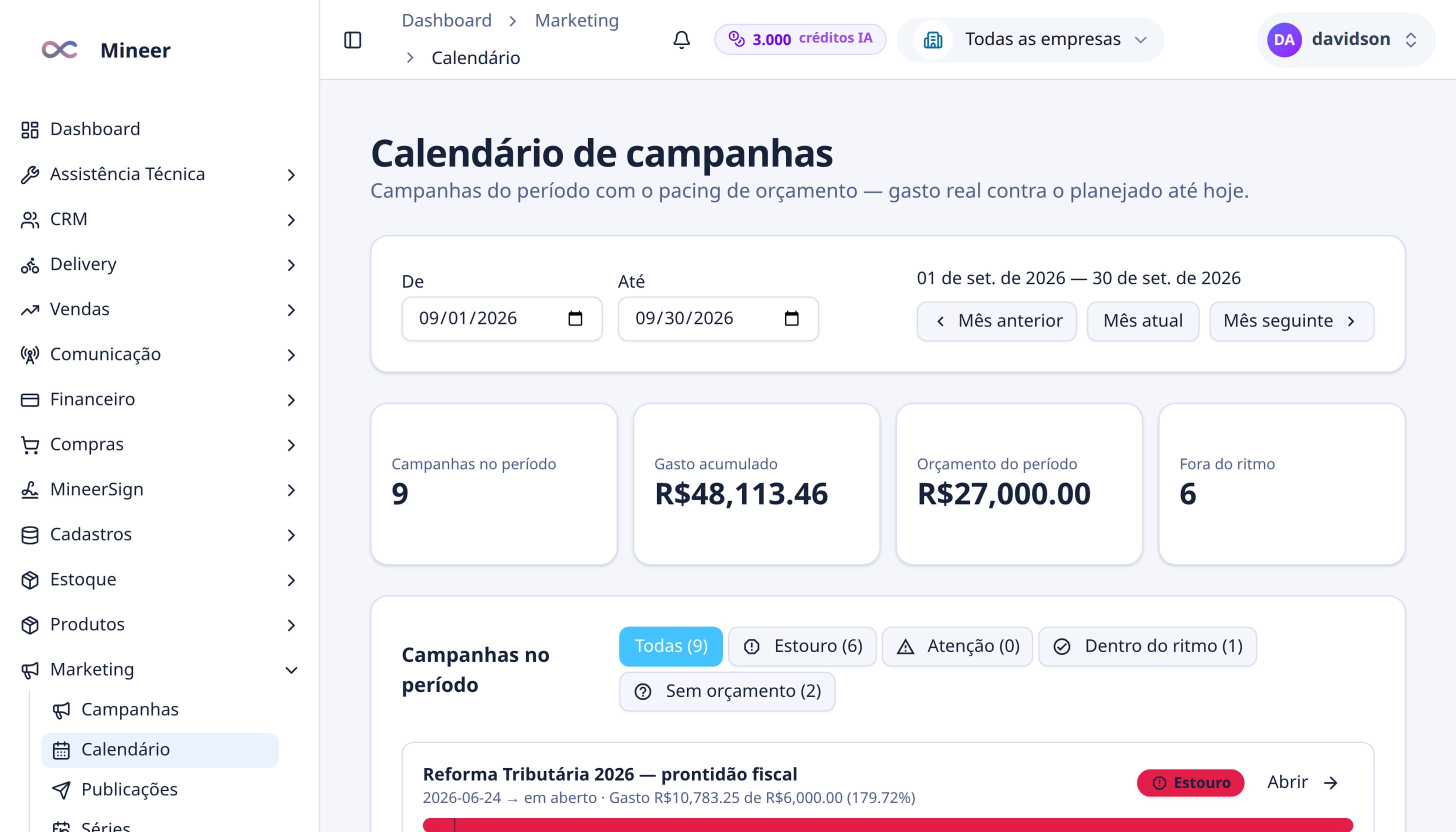 Calendário com pacing de orçamento
