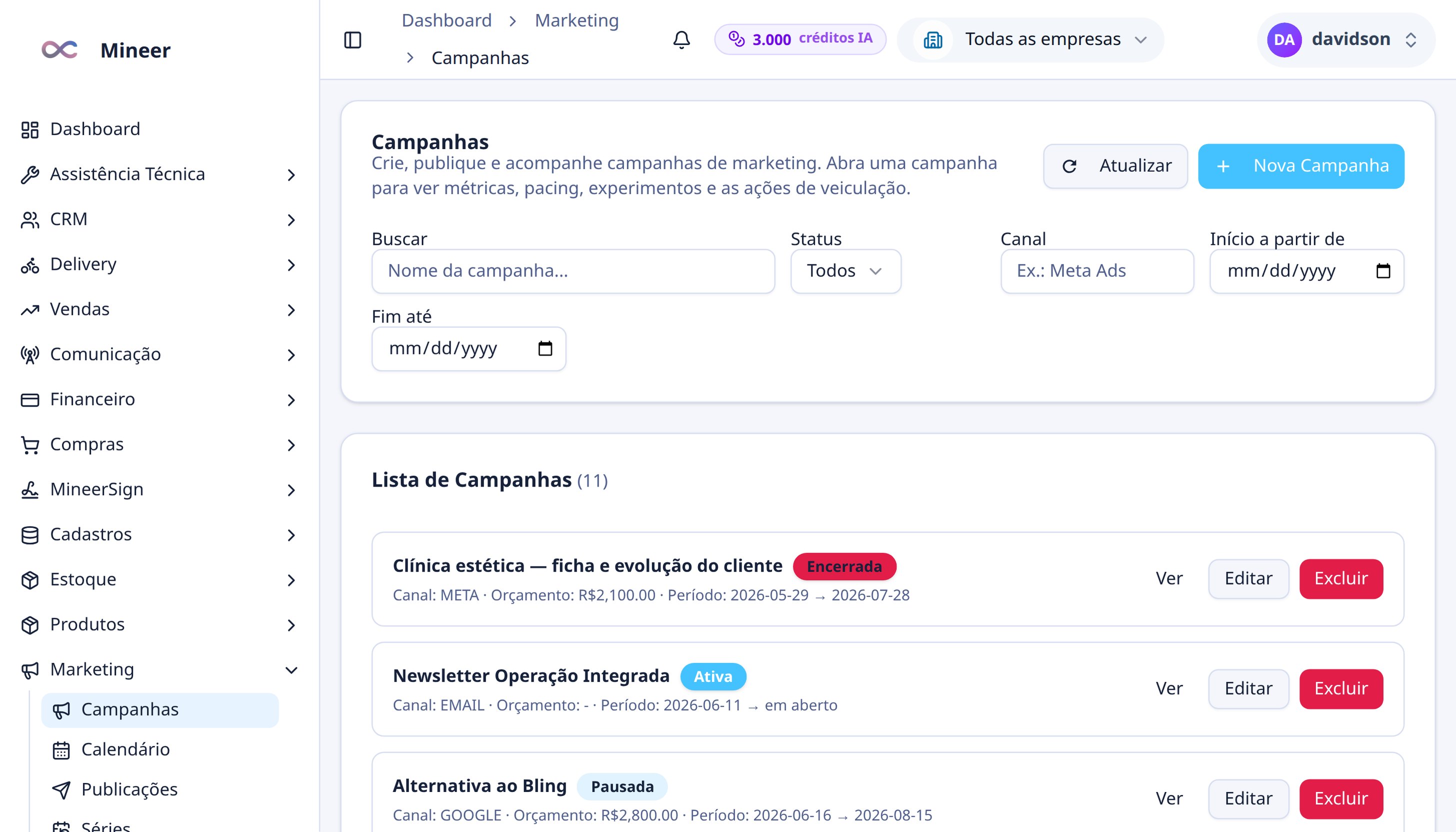 Campanhas com espelho por plataforma