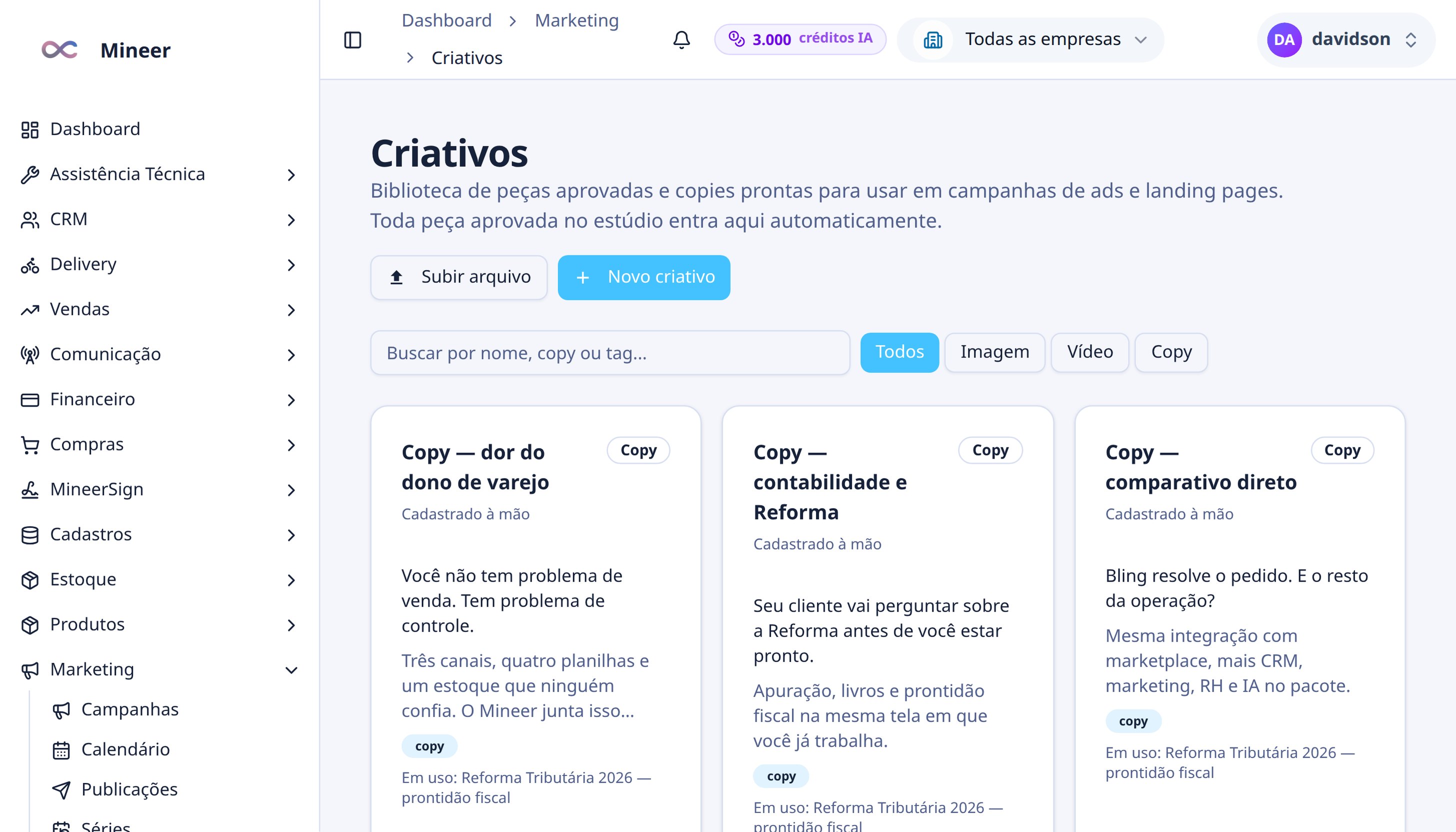 Biblioteca de criativos aprovados