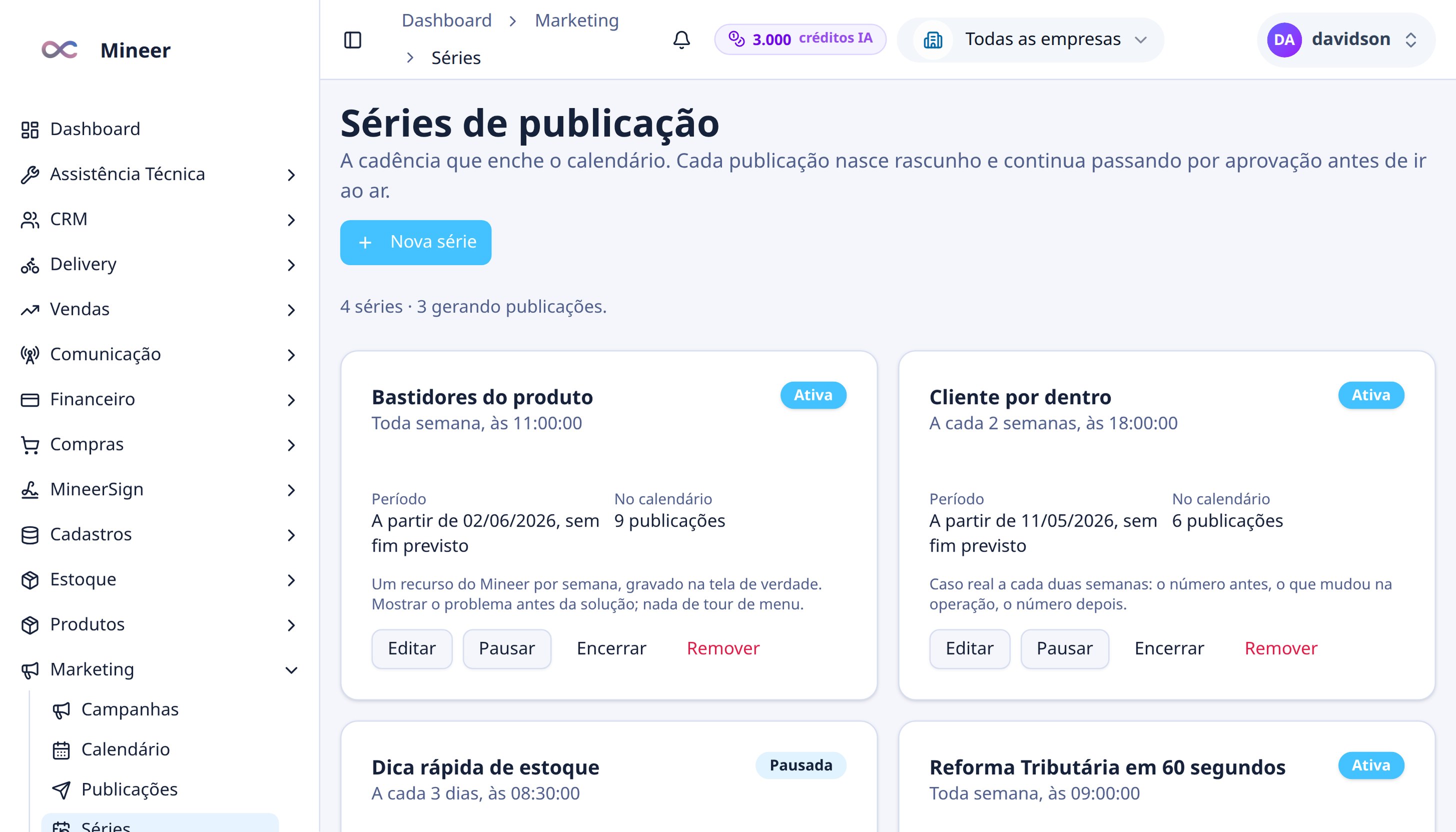 Séries de publicação ativas com cadência e publicações no calendário