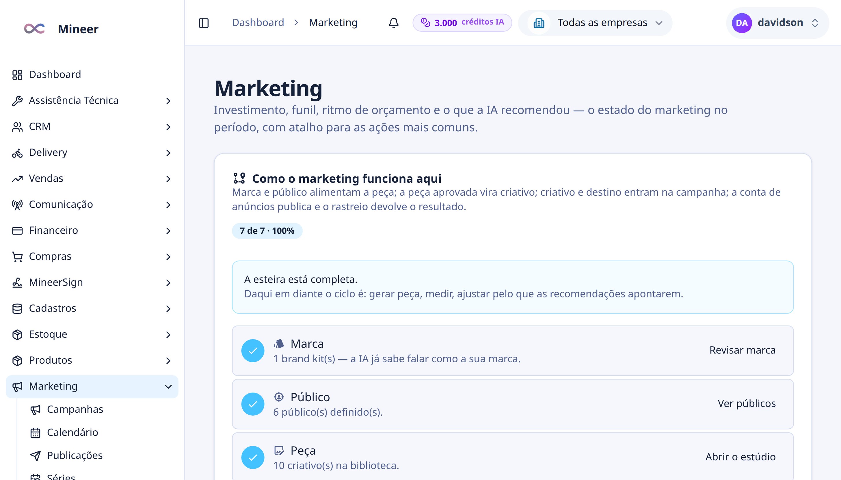 Visão do módulo de marketing com campanhas e resultados