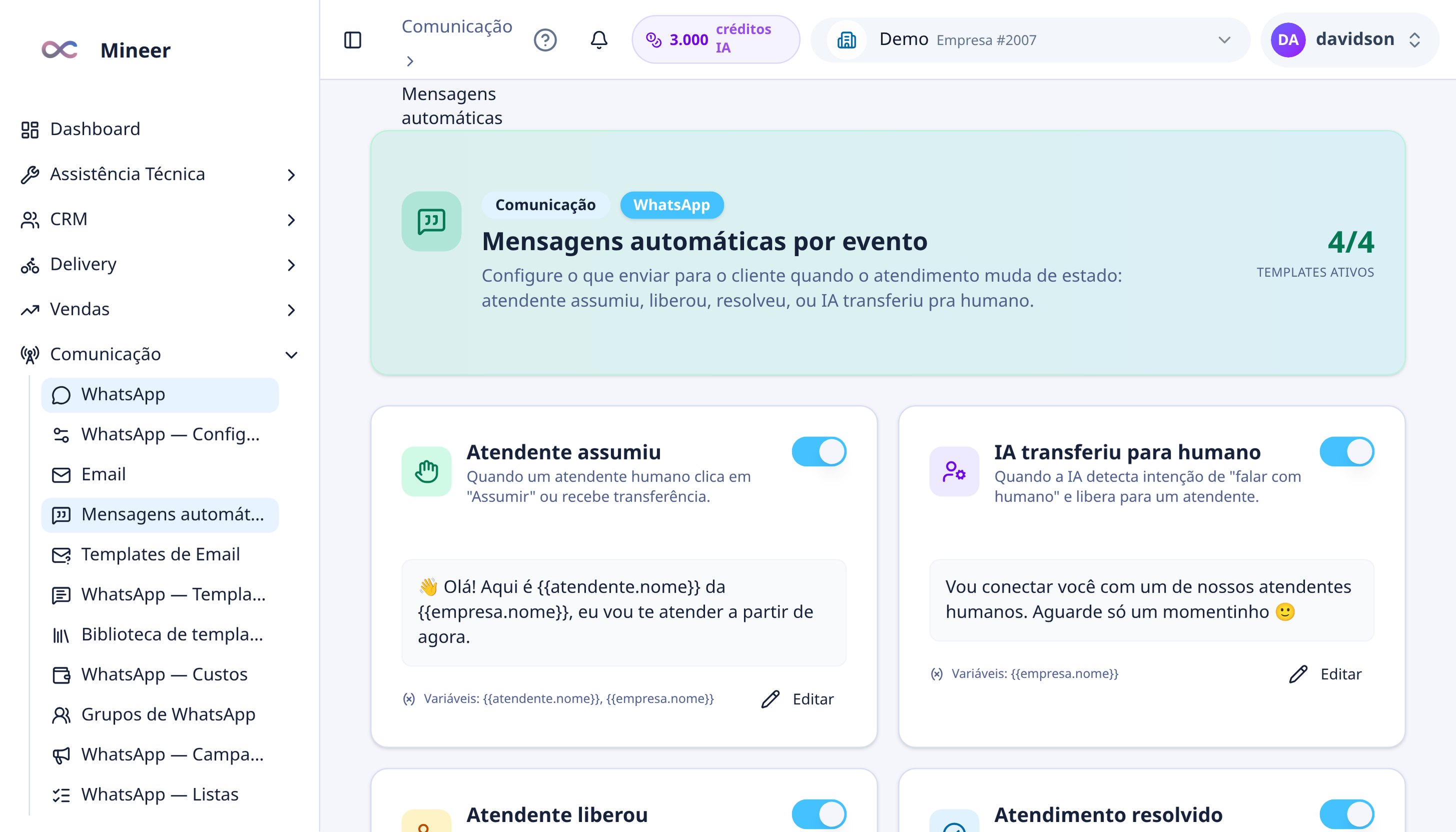 Mensagens automáticas por evento: assumir, liberar, resolver, nota autorizada, envio