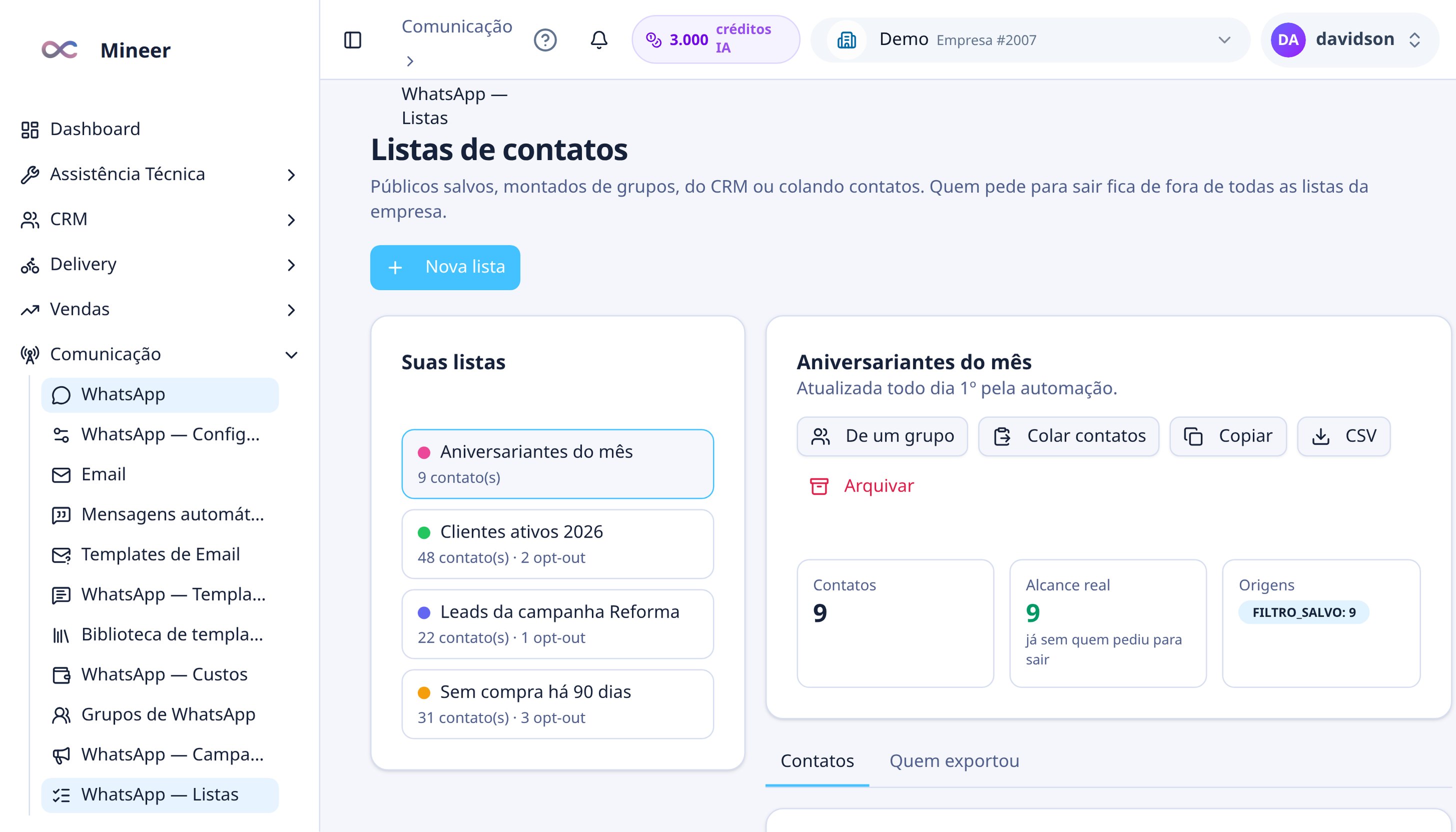 Listas de contatos, leads e clientes
