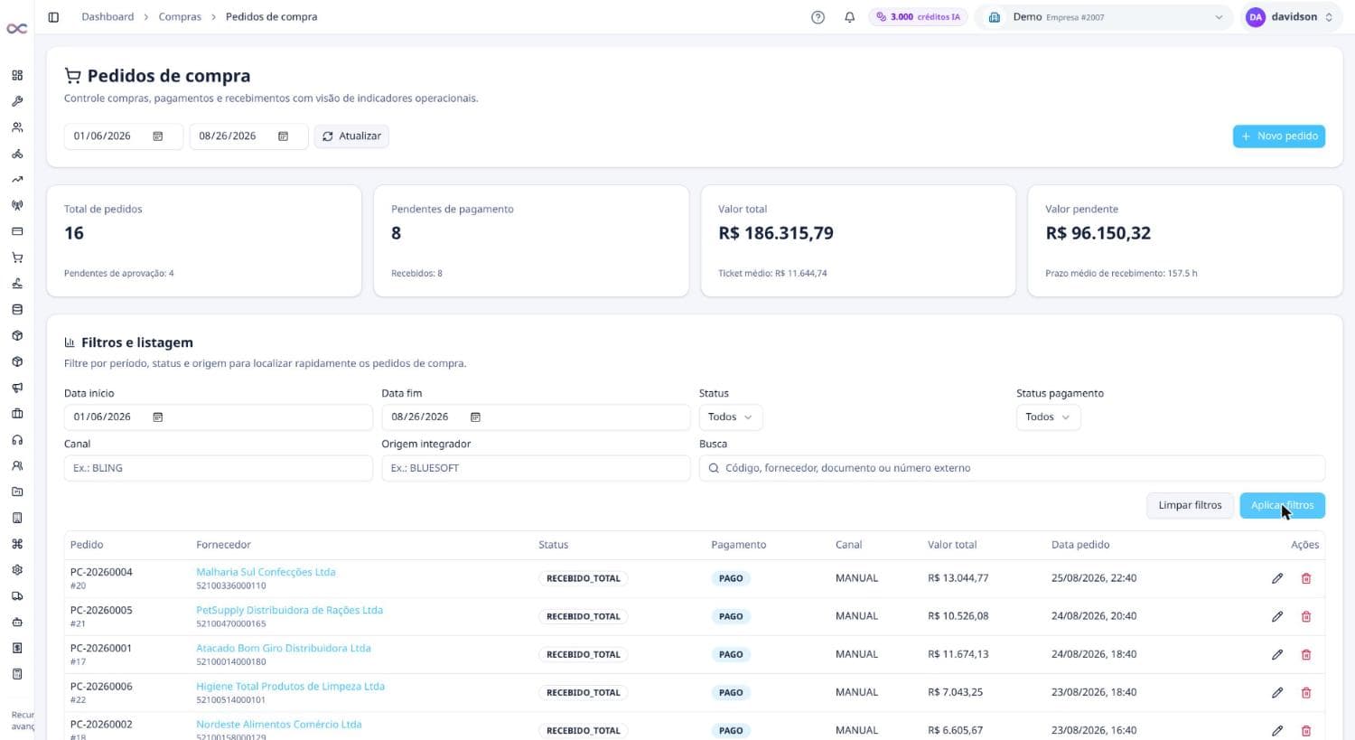 Pedidos de compra com indicadores de pagamento e recebimento