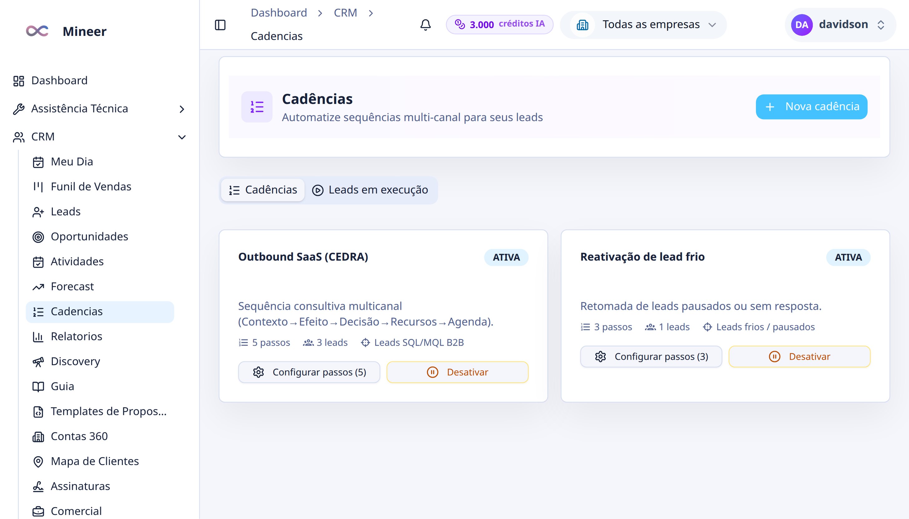 Cadências multicanal rodando para os leads importados