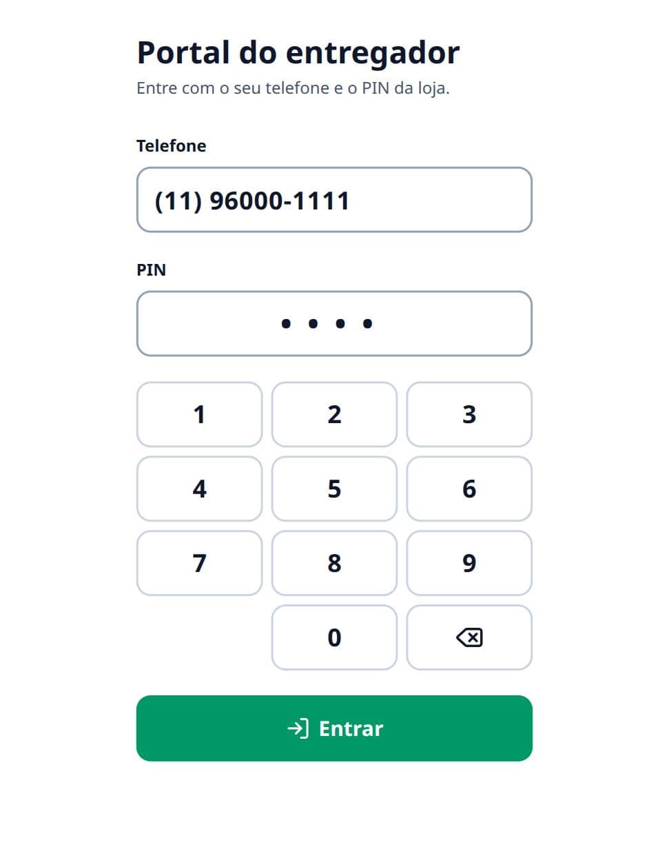 O entregador entra com telefone e PIN