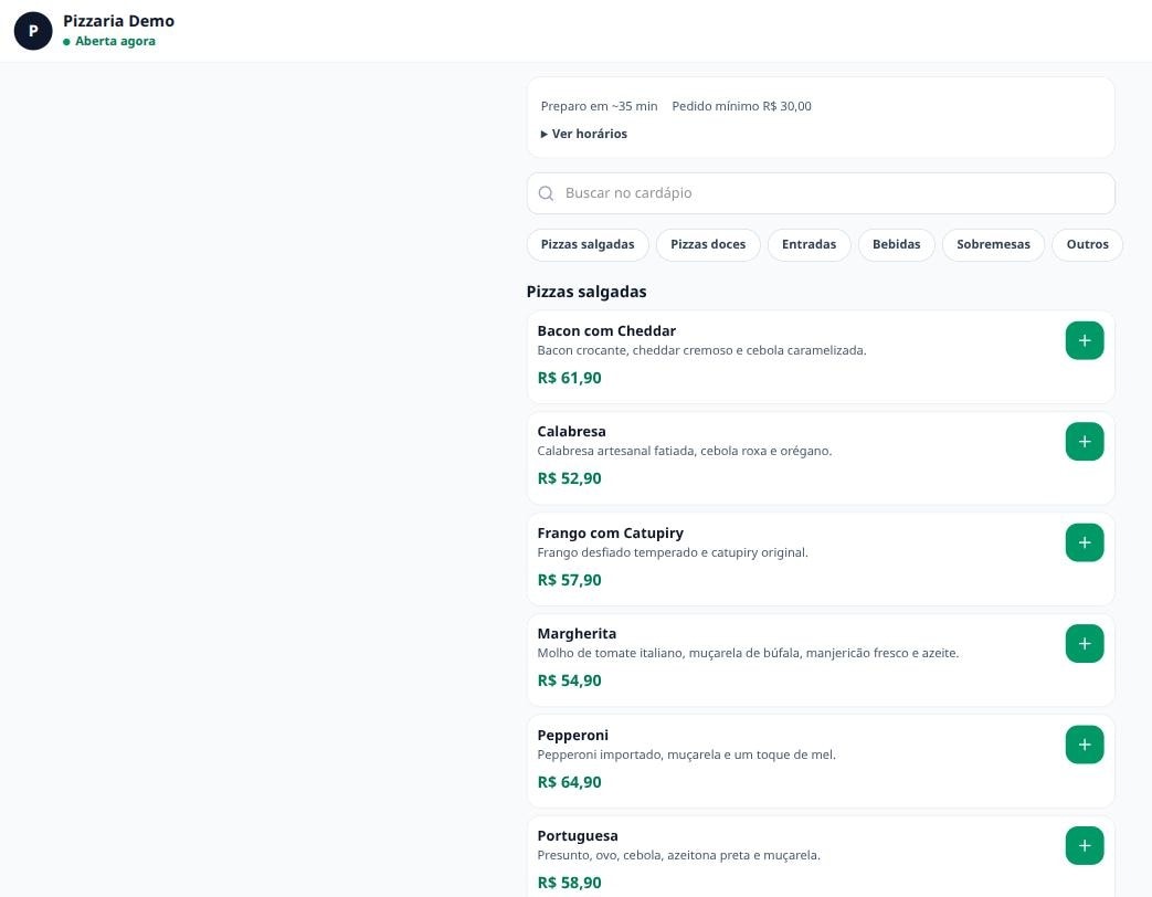 Loja pública de delivery com cardápio, tempo de preparo e pedido mínimo