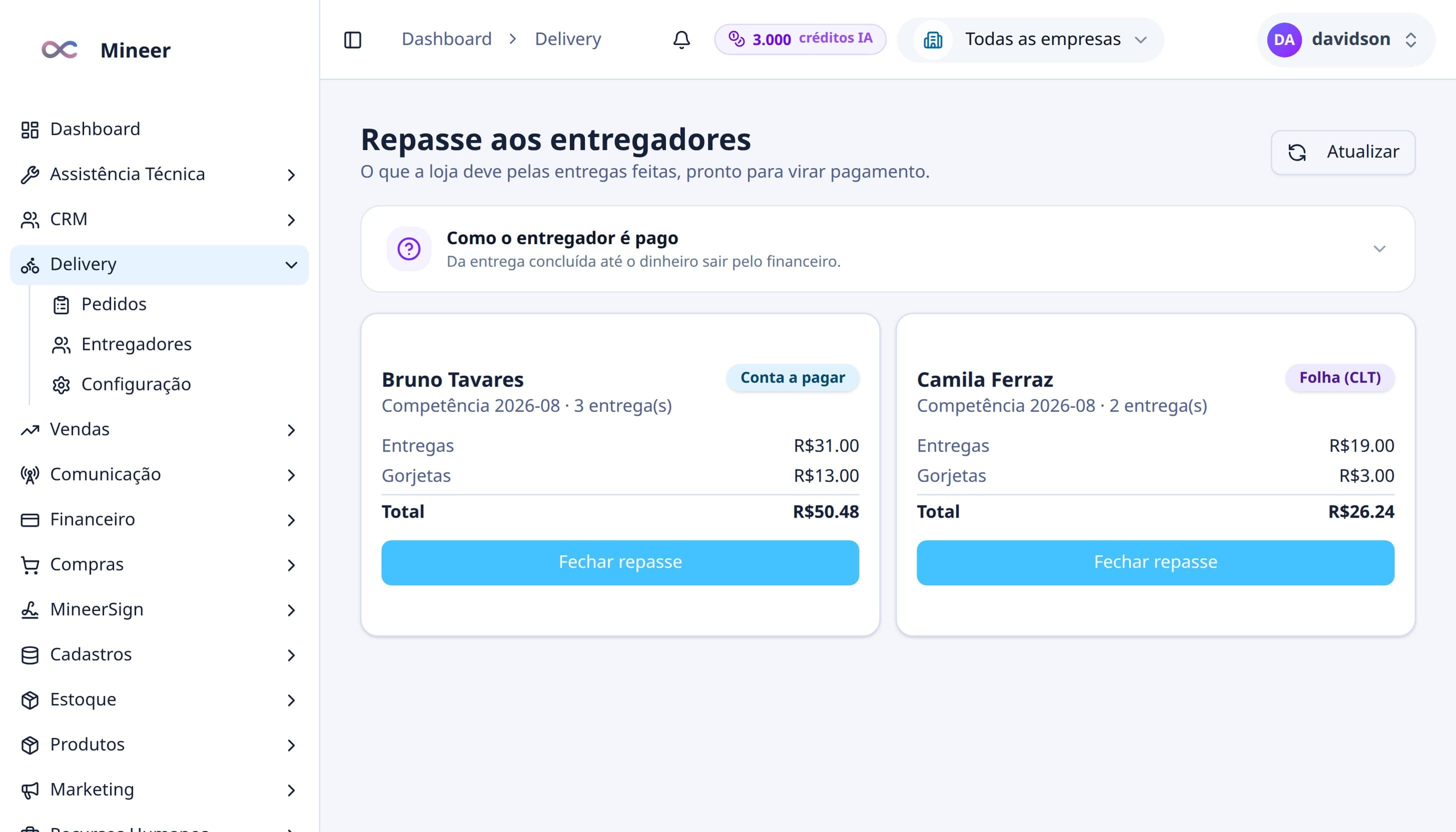Fecha o turno e o repasse vira conta a pagar