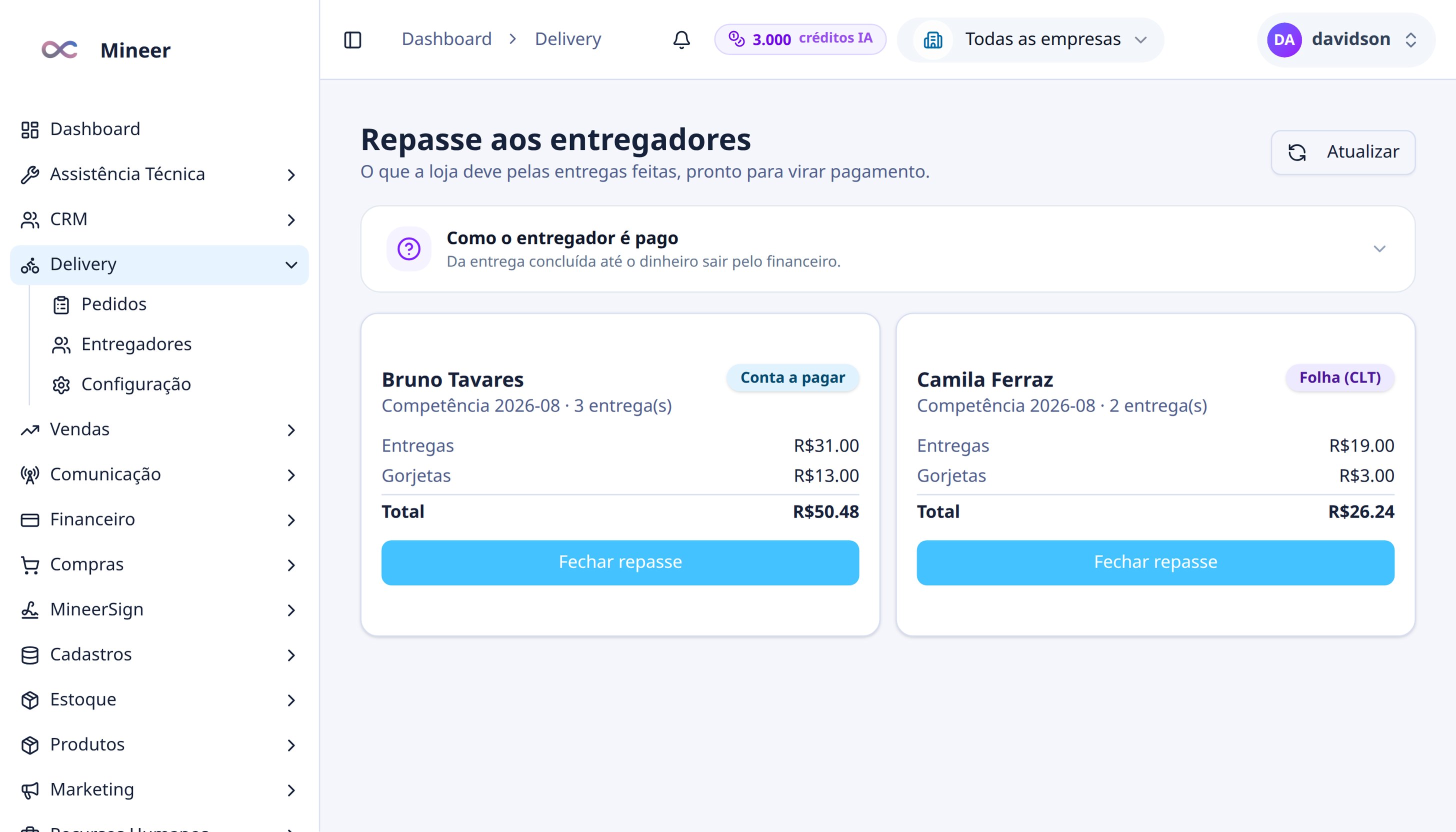 Repasse aos entregadores