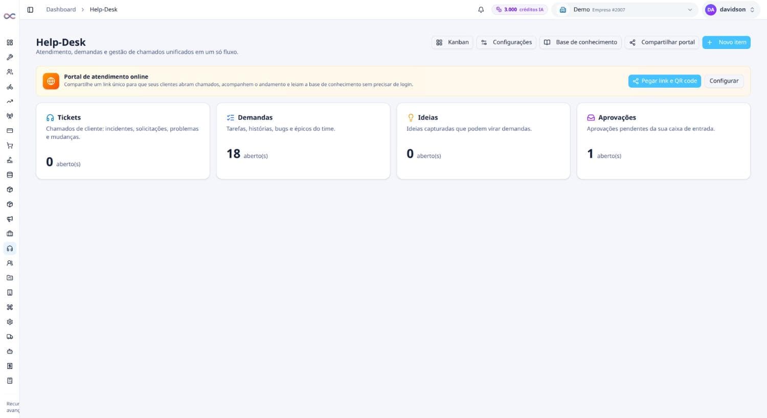 Visão do Help-Desk com tickets, demandas, ideias e aprovações
