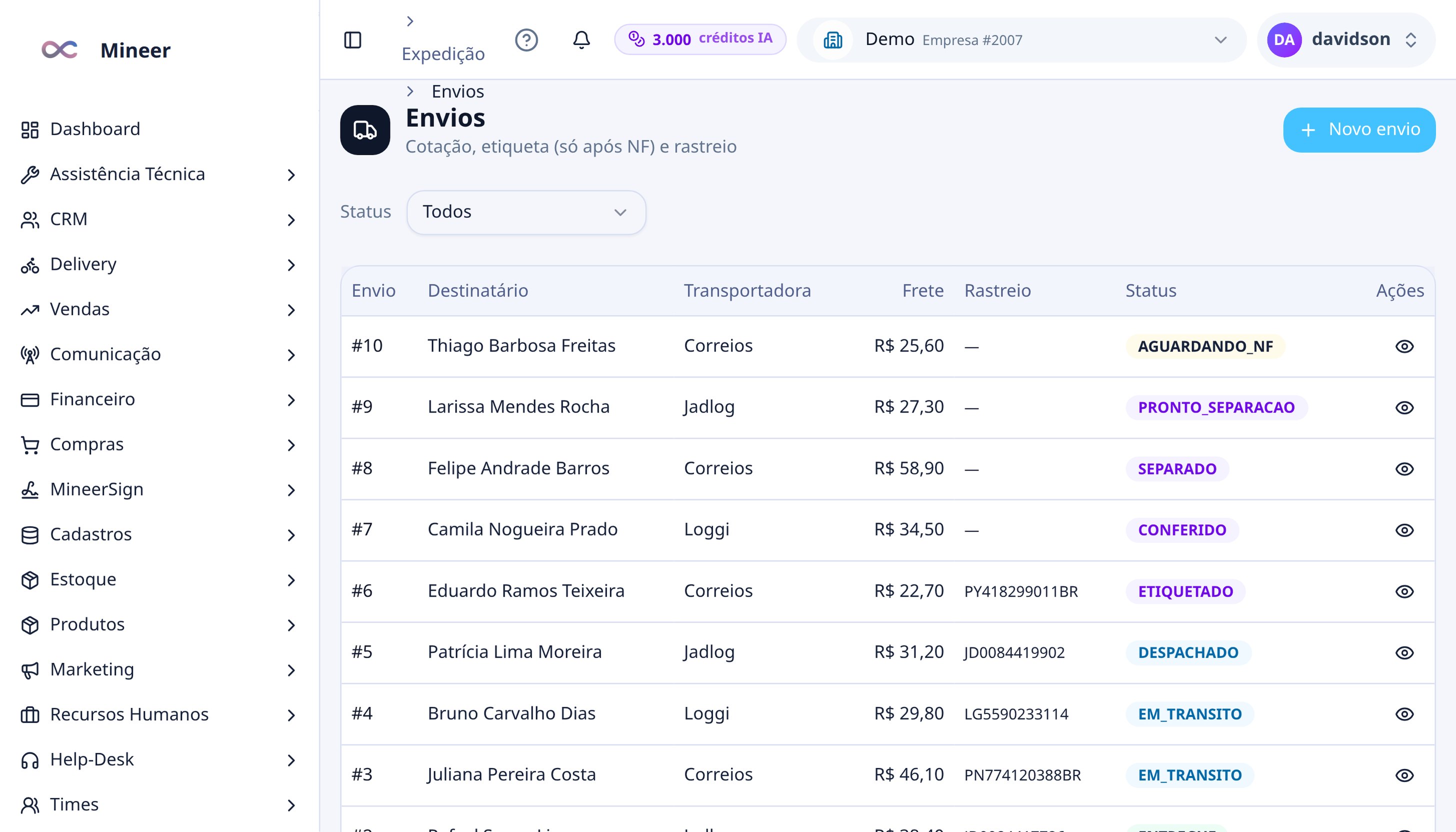 Envios com transportadora, frete, rastreio e status por etapa