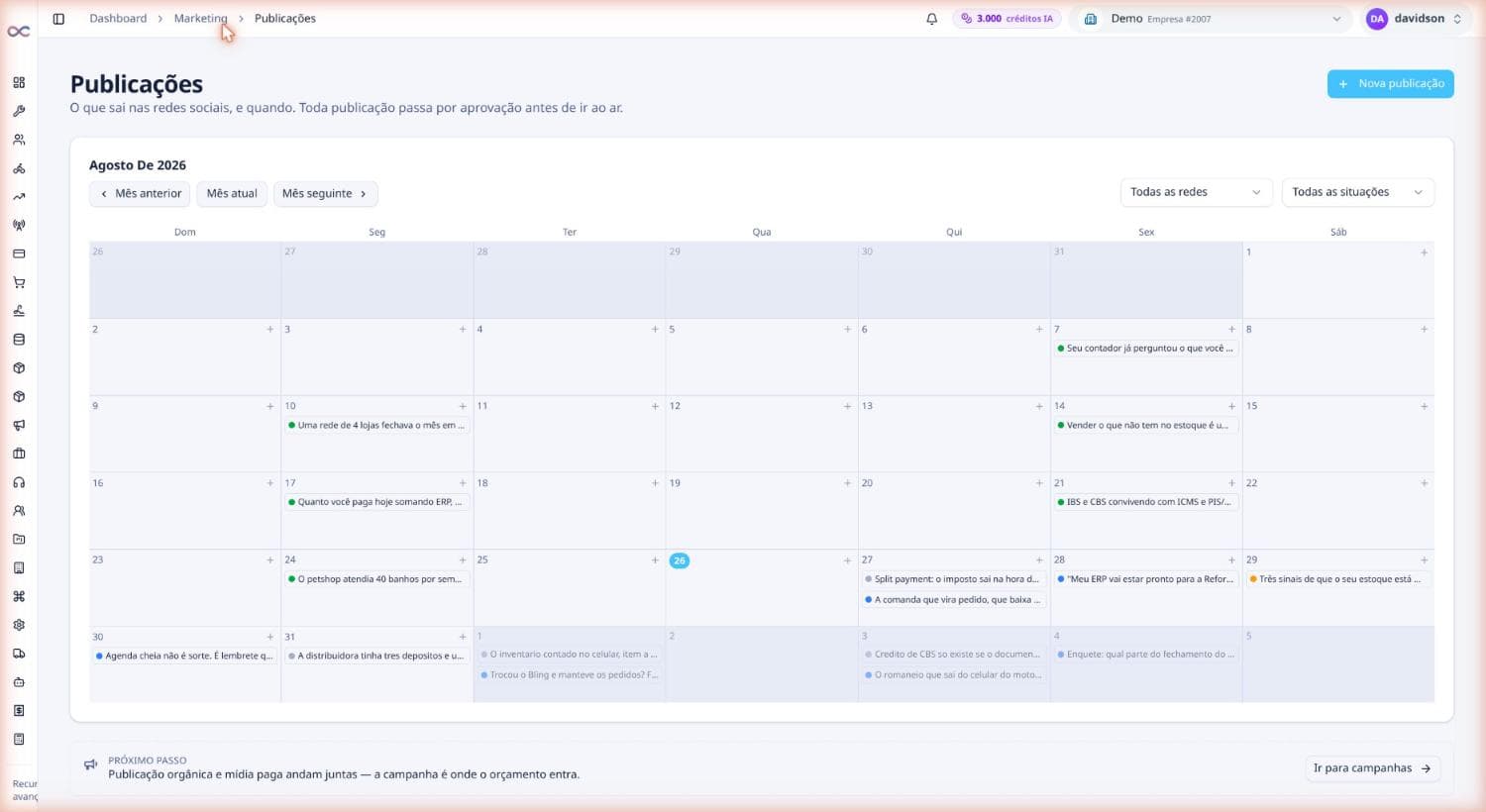 Calendário editorial com publicações agendadas e publicadas