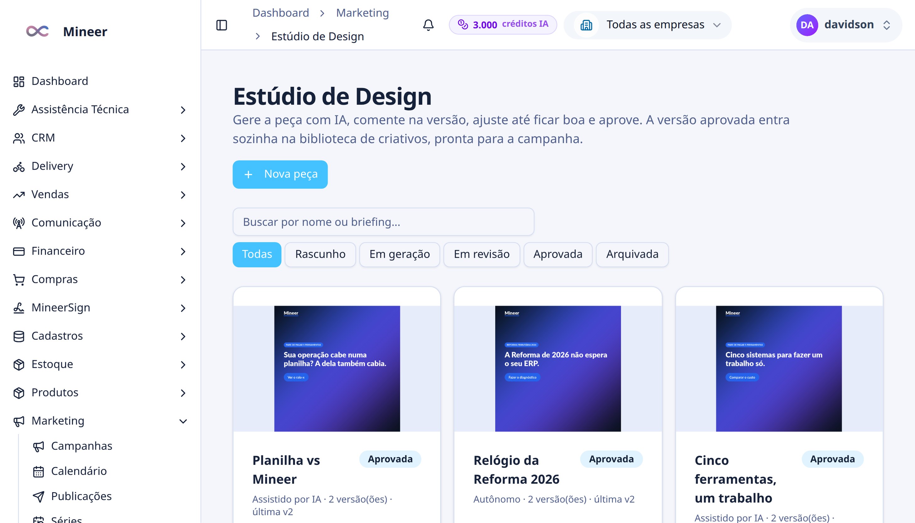 Estúdio de Design com peças aprovadas, versões e modo de geração