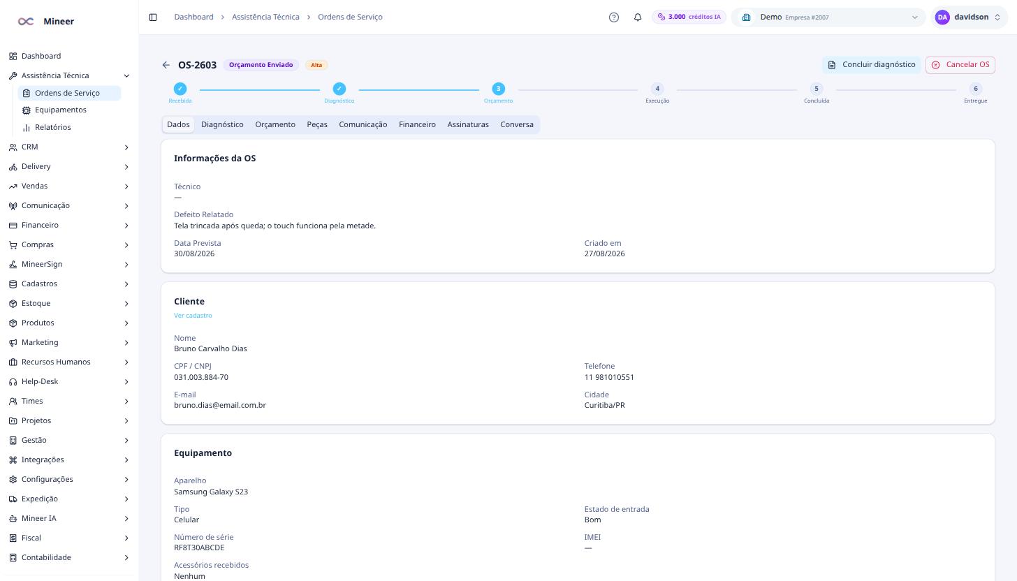 Detalhe da OS com etapas, cliente e equipamento
