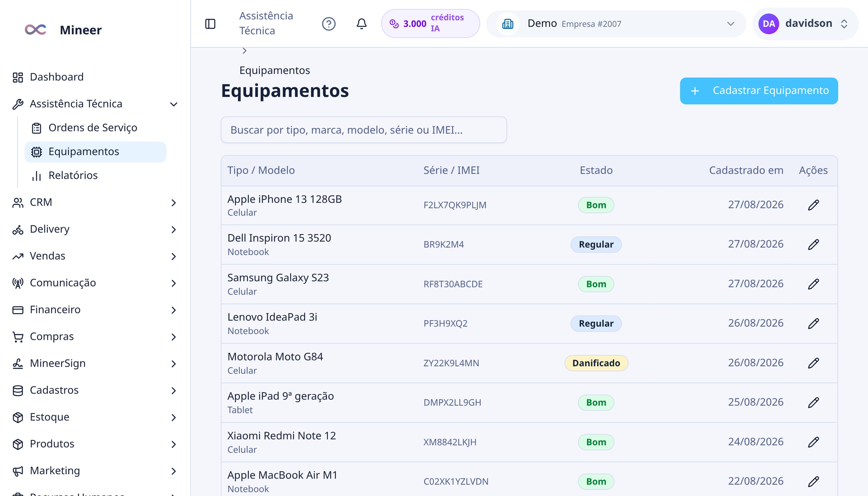Cadastro de equipamentos com série e estado