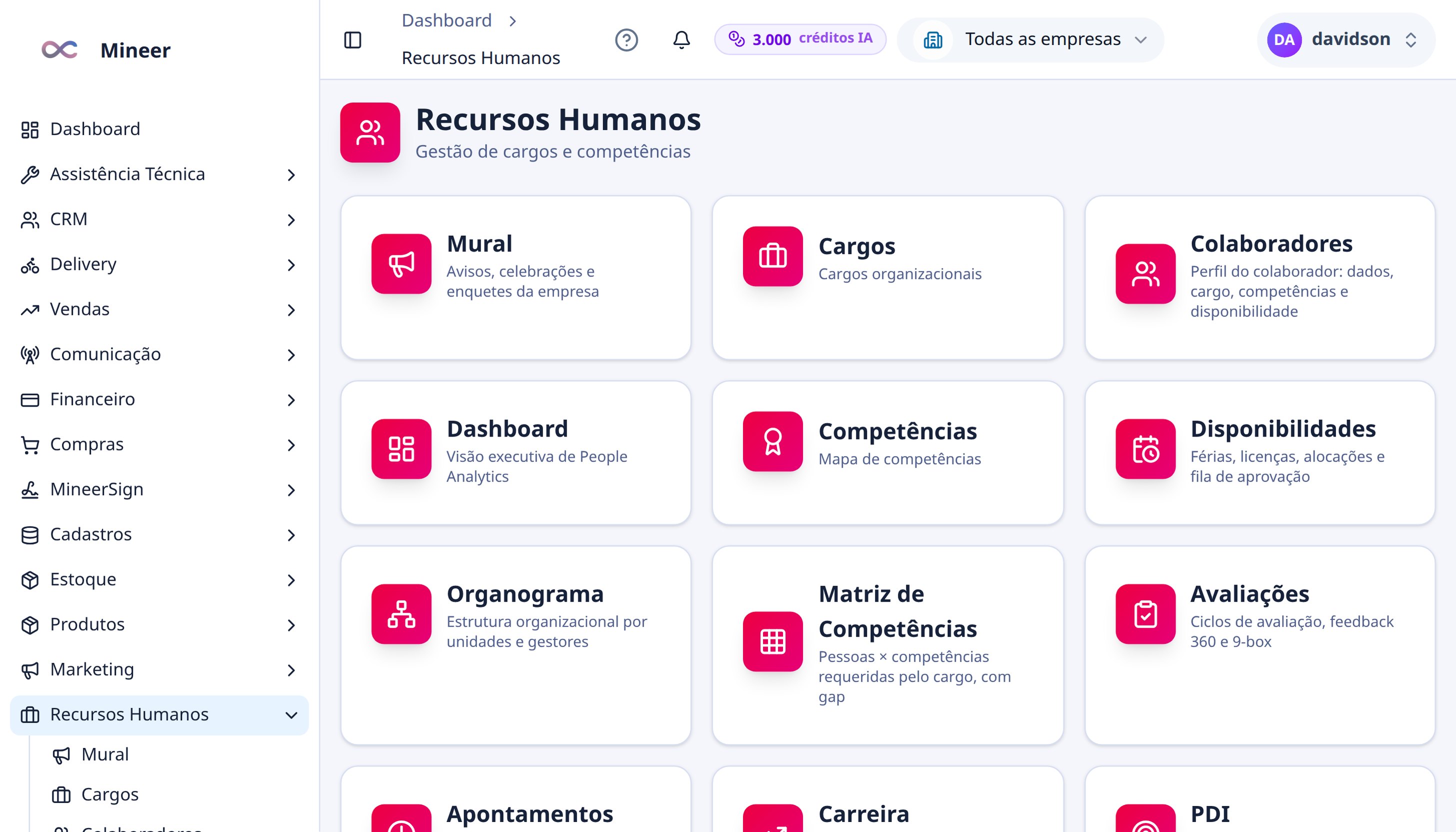 Módulos do RH: mural, cargos, colaboradores, dashboard, competências, disponibilidades, organograma, matriz, avaliações