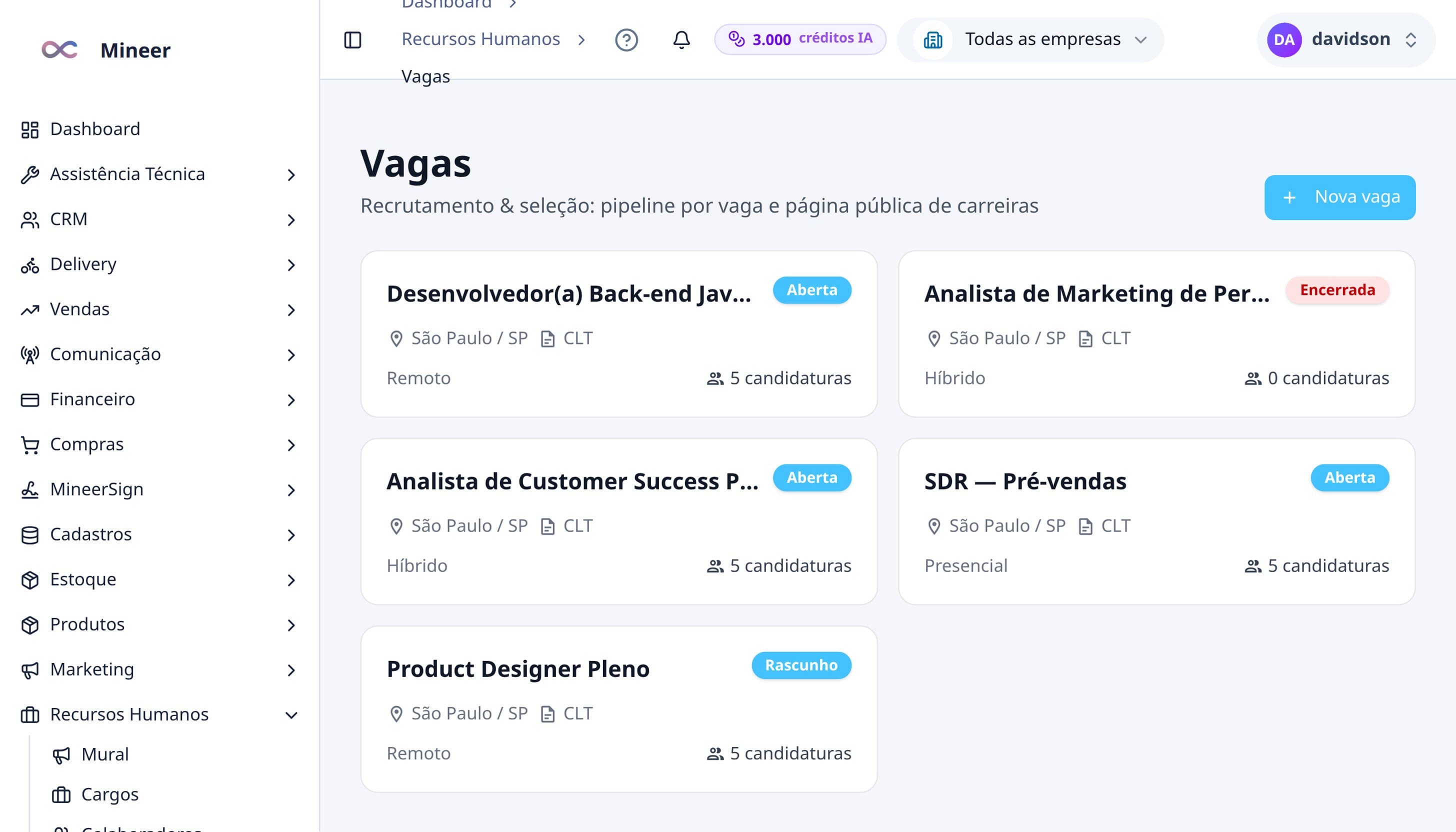 Recrute com página pública e scorecard às cegas